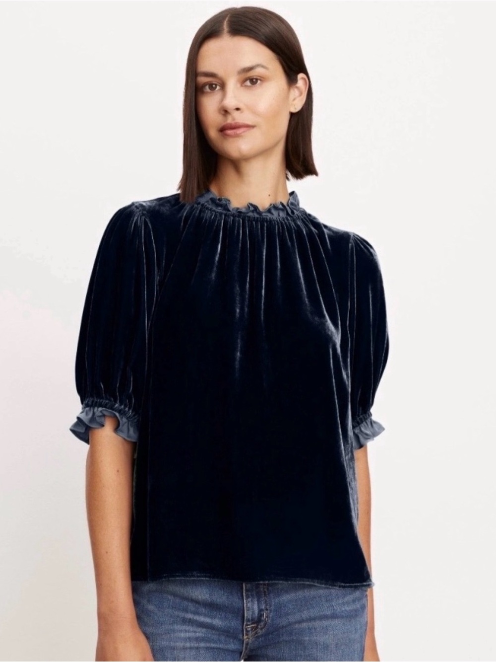LN Boden Adora Velvet Ruffle-Neck Short Sleeve Top - Navy